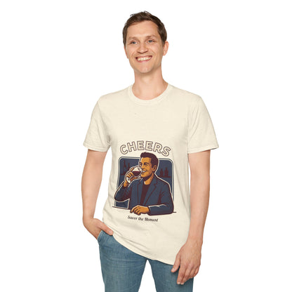 Cheers T-Shirt — Vintage Man Raising Glass "Savor the Moment" Graphic Tee