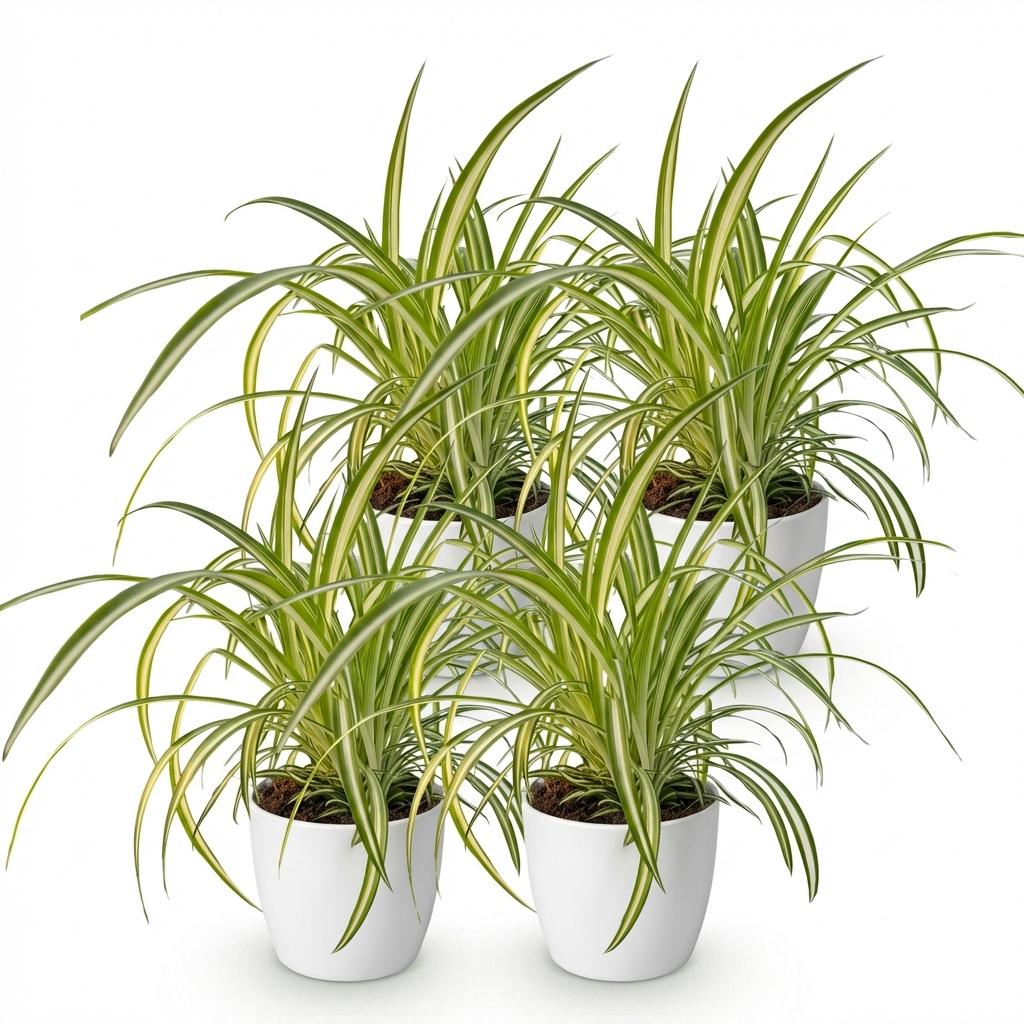 Green boutiQ - Kamerplant - Chlorophytum comosum Variegatum - Bonte Graslelie - Huisdiervriendelijke Plant - Groen - 4 Planten - met Potter Wit - Pot 12cm - Hoogte 20cm