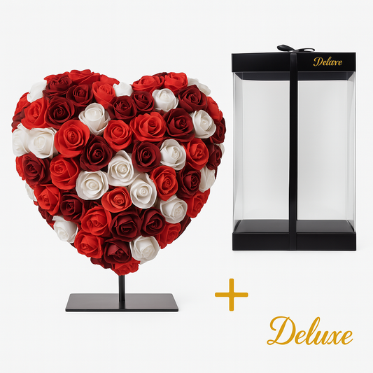 Hart DELUXE op standaard 15cm - Gemixt rood, bordeaux en wit foam - in luxe Cadeauverpakking 15 cm