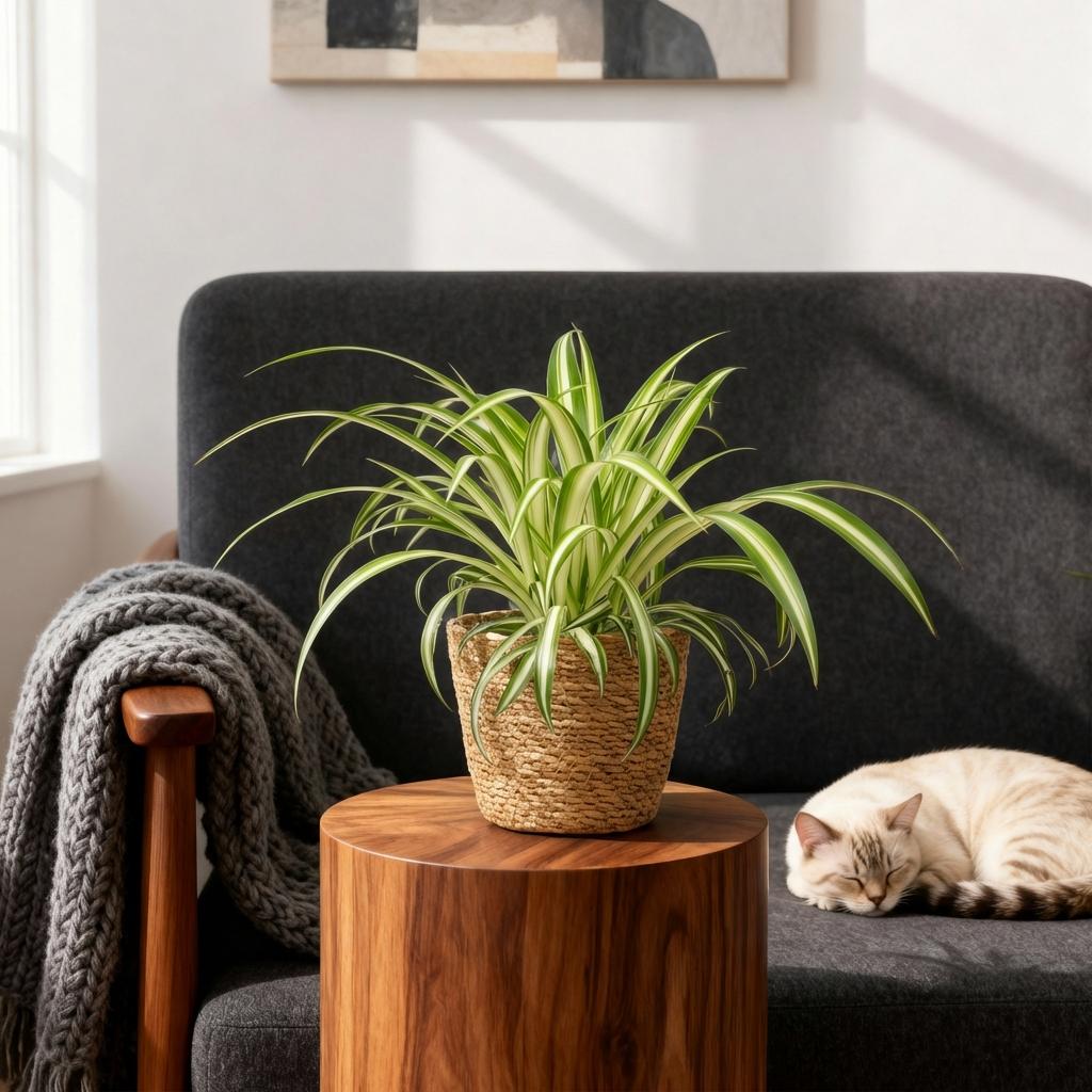 Green boutiQ - Kamerplant - Chlorophytum comosum Variegatum - Bonte Graslelie - Huisdiervriendelijke Plant - Groen - 4 Planten - met Mand - Pot 12cm - Hoogte 20cm