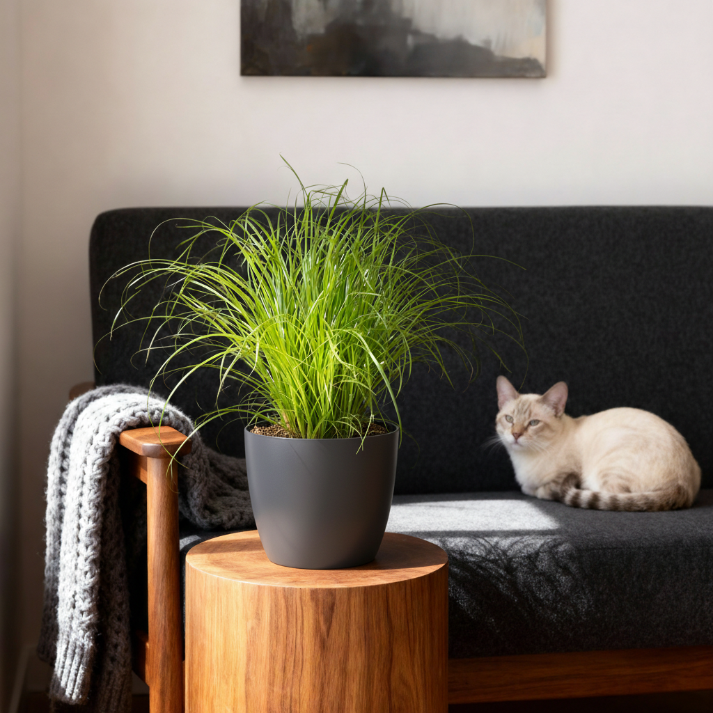 Green boutiQ - Kamerplant - Cyperus alternifolius Zumula - Kattengras - Huisdiervriendelijke Plant - Groen - 2 Planten - met Potter Grijs - Pot 12cm - Hoogte 20cm
